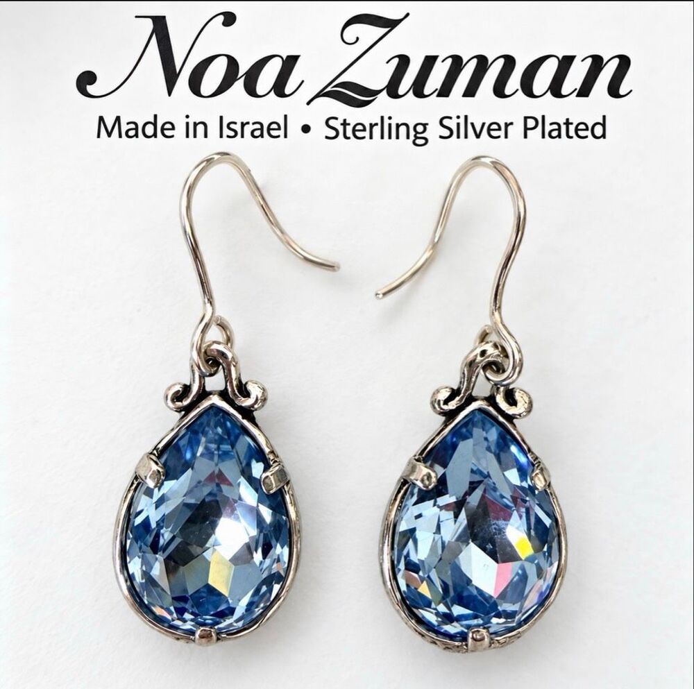 Noa Zuman Blue Crystal Teardrop Earrings Sterling Silver Plated Israel